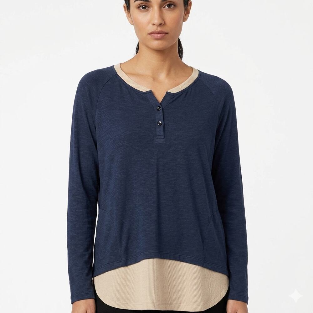 LOGO Lori Goldstein Women L Navy Blue Beige Faux Layer Henley Top Slits Pockets